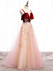 Prom Dresses Open Backs, Pink Tulle and Velvet Long Lace Applique Straps Floor Length Party Dress, A-line Long Pink Prom Dress