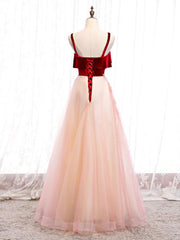 Prom Dresses Outfits Fall Casual, Pink Tulle and Velvet Long Lace Applique Straps Floor Length Party Dress, A-line Long Pink Prom Dress