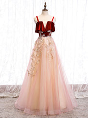 Prom Dress Open Back, Pink Tulle and Velvet Long Lace Applique Straps Floor Length Party Dress, A-line Long Pink Prom Dress