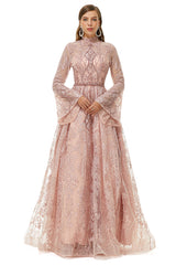 Evening Dresses For Wedding Guest, Pink Tulle Appliques High Neck Long Sleeve Beading Prom Dresses