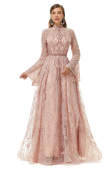 Evening Dresses Off The Shoulder, Pink Tulle Appliques High Neck Long Sleeve Beading Prom Dresses