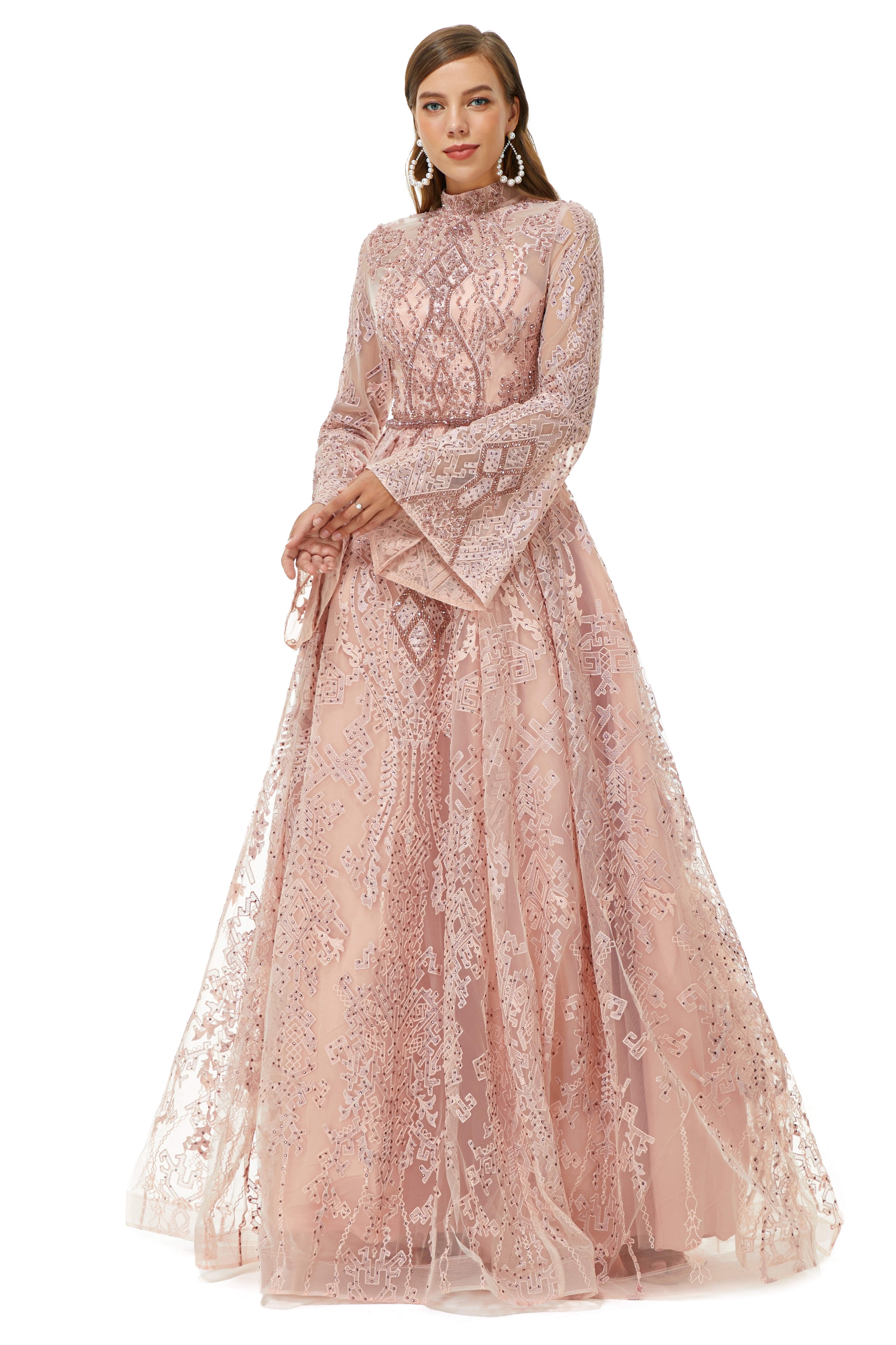 Evening Dresses Midi, Pink Tulle Appliques High Neck Long Sleeve Beading Prom Dresses