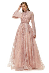 Evening Dresses Long Sleeve, Pink Tulle Appliques High Neck Long Sleeve Beading Prom Dresses