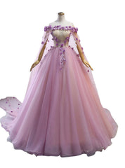 Pink Prom Dress, Pink Tulle Ball Gown Flowers Long Sweet 16 Dress, Pink Tulle Formal Dress