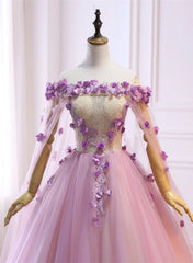 Prom Dresses For Kids, Pink Tulle Ball Gown Flowers Long Sweet 16 Dress, Pink Tulle Formal Dress