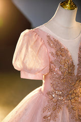 Prom Dresses For Black, Pink Tulle Beaded Long Ball Gown, A-Line Prom Dress, Pink Sweet 16 Dress