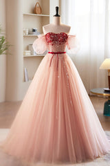 Bridesmaid Dress Ideas, Pink Tulle Beaded Long Prom Dress, A-Line Off Shoulder Evening Party Dress