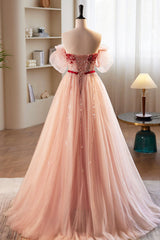Bridesmaid Dresses Long, Pink Tulle Beaded Long Prom Dress, A-Line Off Shoulder Evening Party Dress