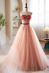 Bridesmaid Dress Elegant, Pink Tulle Beaded Long Prom Dress, A-Line Off Shoulder Evening Party Dress