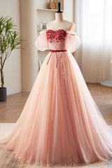 Bridesmaid Dresses Wedding, Pink Tulle Beaded Long Prom Dress, A-Line Off Shoulder Evening Party Dress