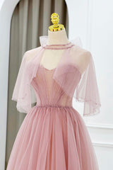 Bridesmaids Dress Cheap, Pink Tulle Beaded Long Prom Dress, Lovely Pink Evening Dress