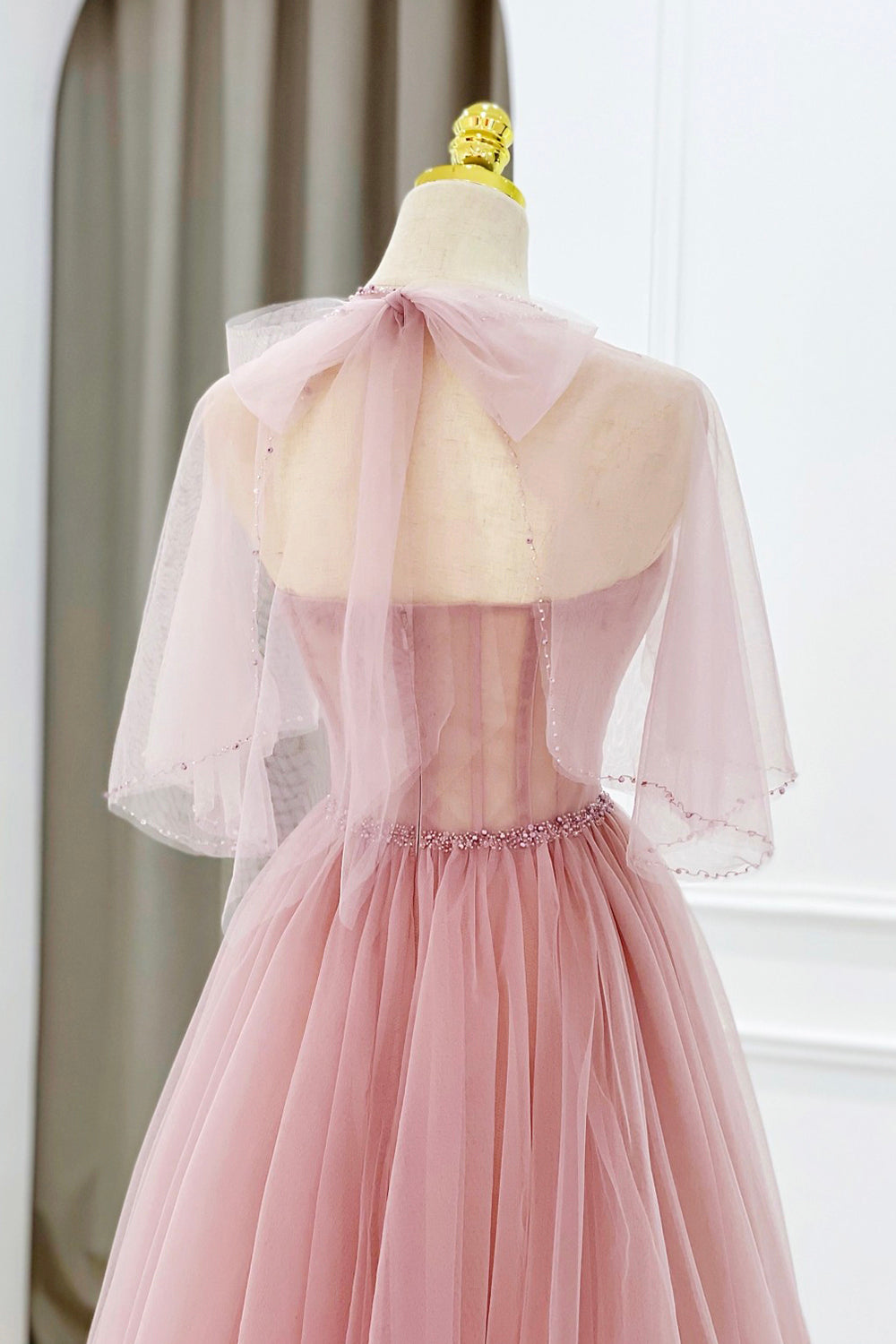 Bridesmaid Dress Designers, Pink Tulle Beaded Long Prom Dress, Lovely Pink Evening Dress