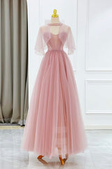 Bridesmaid Dress Cheap, Pink Tulle Beaded Long Prom Dress, Lovely Pink Evening Dress