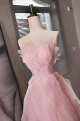 Prom Dresses Champagne, Pink Tulle Beaded Low Back Short Party Dress, Pink Tulle Homecoming Dress