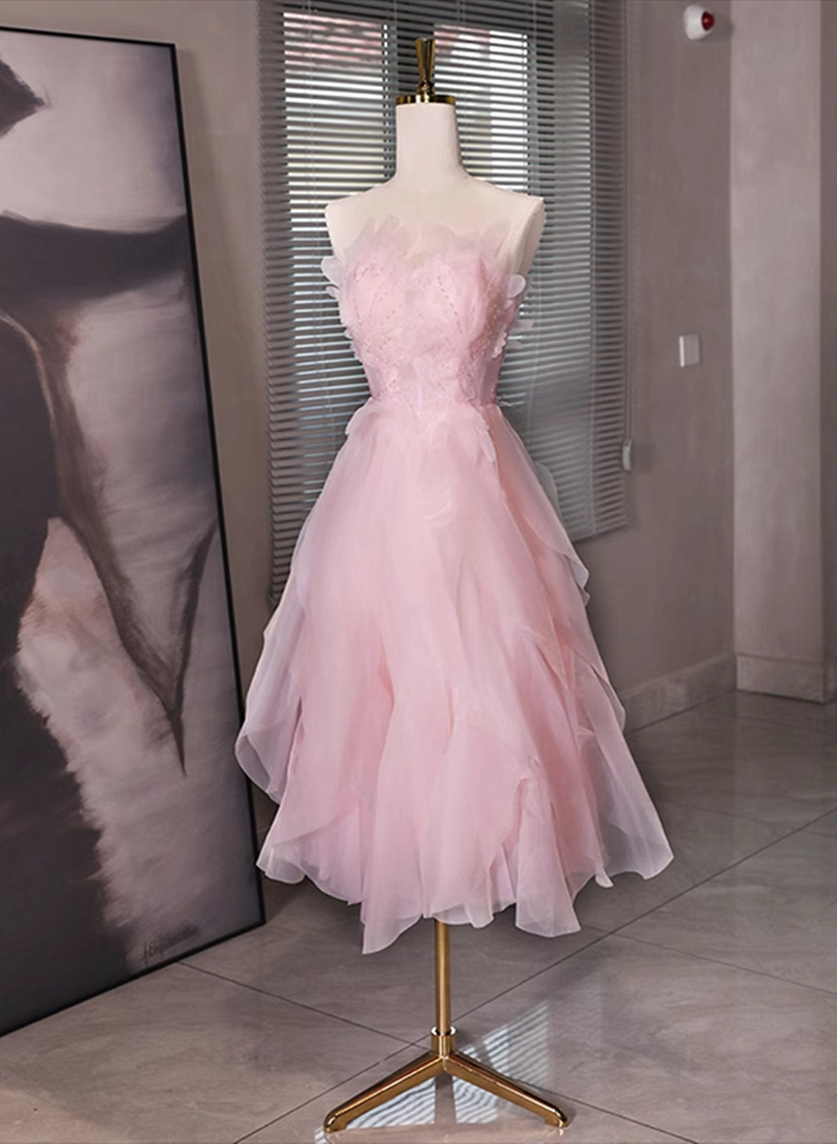 Prom Dresses Ball Gown Elegant, Pink Tulle Beaded Low Back Short Party Dress, Pink Tulle Homecoming Dress