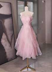 Prom Dresses Ball Gown Elegant, Pink Tulle Beaded Low Back Short Party Dress, Pink Tulle Homecoming Dress