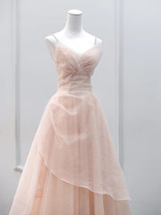 Bridesmaid Dresses On Sale, Pink Tulle Beaded Straps Long Prom Dress, A-line Pink Tulle Party Dress