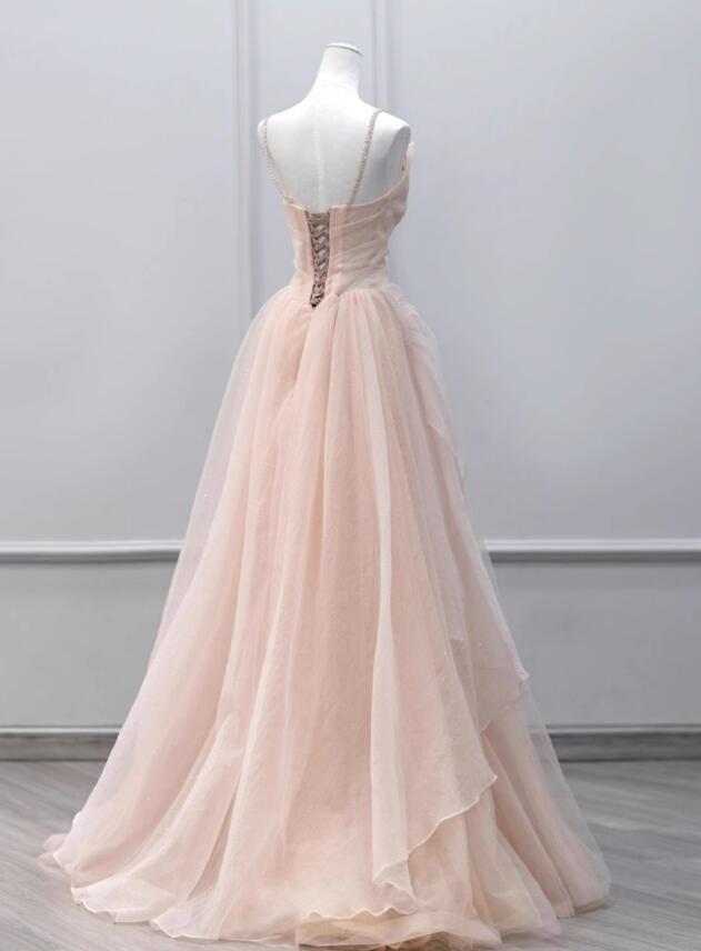 Bridesmaids Dresses Spring, Pink Tulle Beaded Straps Long Prom Dress, A-line Pink Tulle Party Dress