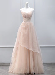 Bridesmaid Dress On Sale, Pink Tulle Beaded Straps Long Prom Dress, A-line Pink Tulle Party Dress