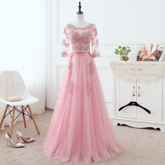 Prom Dress Gold, Pink Tulle Elegant Party Dress with Lace, Pink A-line Formal Dress Bridesmaid Dress