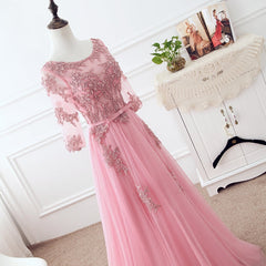 Prom Dresses Two Piece, Pink Tulle Elegant Party Dress with Lace, Pink A-line Formal Dress Bridesmaid Dress