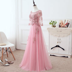 Bridesmaid Dress, Pink Tulle Elegant Party Dress with Lace, Pink A-line Formal Dress Bridesmaid Dress