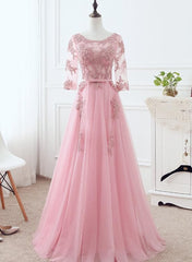 Summer Dress, Pink Tulle Elegant Party Dress with Lace, Pink A-line Formal Dress Bridesmaid Dress
