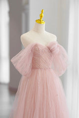 Prom Dress Champagne, Pink Tulle Floor Length Prom Dress, Cute A-Line Evening Party Dress