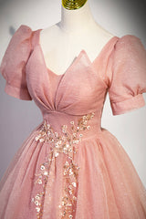 Prom Dresses Yellow, Pink Tulle Floor Length Prom Dress, Cute Short Sleeve Evening Dress