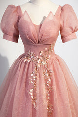Prom Dresses Black Girl, Pink Tulle Floor Length Prom Dress, Cute Short Sleeve Evening Dress