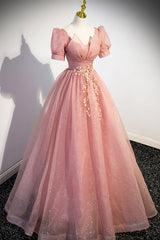 Prom Dresses Black Girls, Pink Tulle Floor Length Prom Dress, Cute Short Sleeve Evening Dress