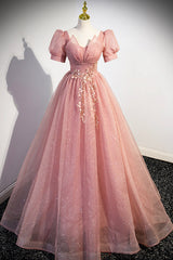 Prom Dresses Burgundy, Pink Tulle Floor Length Prom Dress, Cute Short Sleeve Evening Dress