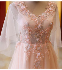 Prom Dress For Short Girl, Pink Tulle Floral Applique Prom Dresses, Puff Sleeves Long Formal Dress