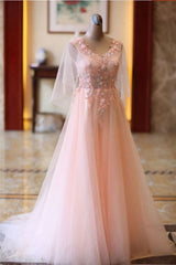 Prom Dresses For Short Girls, Pink Tulle Floral Applique Prom Dresses, Puff Sleeves Long Formal Dress