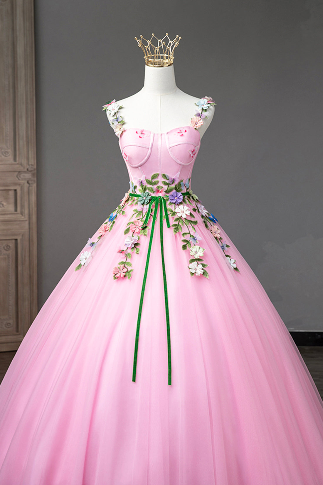 Bridesmaid Dresses Vintage, Pink Tulle Flower Long Prom Dresses, Cute Spaghetti Sweet 16 Dresses