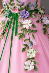 Bridesmaid Dresses Summer Wedding, Pink Tulle Flower Long Prom Dresses, Cute Spaghetti Sweet 16 Dresses