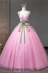 Bridesmaid Dresses Different Color, Pink Tulle Flower Long Prom Dresses, Cute Spaghetti Sweet 16 Dresses