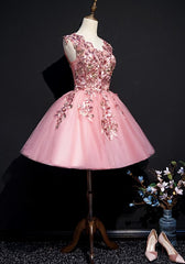 Fall Wedding, Pink Tulle Flowers Homecoming Dress, Short Pink Teen Formal Dress