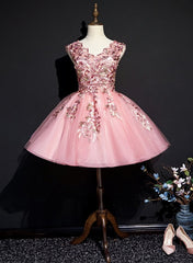 Wedding Theme, Pink Tulle Flowers Homecoming Dress, Short Pink Teen Formal Dress