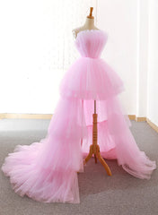 Formal Dress Long Gowns, Pink Tulle High Low Layers Homecoming Dress, Pink Evening Dresses