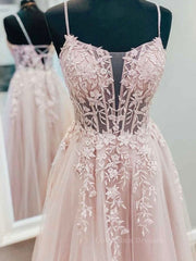 Party Dress Couple, Pink tulle lace A line long prom dress, pink lace evening dress