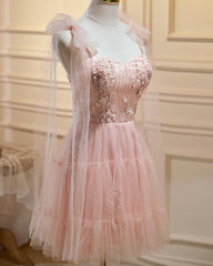 Formal Dresses And Gowns, Pink Tulle Lace and Flowers Short Homecoming Dress, Cute Pink Party Dress