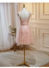 Formal Dress For Weddings, Pink Tulle Lace and Flowers Short Homecoming Dress, Cute Pink Party Dress
