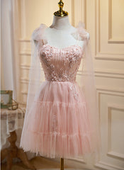 Formals Dresses Long, Pink Tulle Lace and Flowers Short Homecoming Dress, Cute Pink Party Dress
