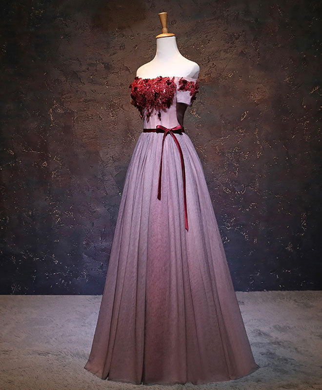 Graduation Outfit, Pink Tulle Lace Applique Long Prom Dress, Burgundy Lace Evening Dress