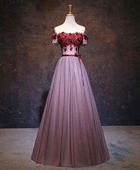 Party Dress Long Sleeve Mini, Pink Tulle Lace Applique Long Prom Dress, Burgundy Lace Evening Dress