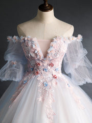 Party Dresses For Teenage Girl, Pink Tulle Lace Applique Long Prom Dress, Tulle Lace Sweet 16 Dress