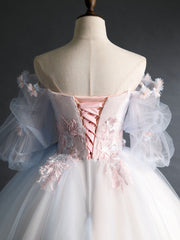 Party Dress For Teenage Girl, Pink Tulle Lace Applique Long Prom Dress, Tulle Lace Sweet 16 Dress