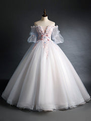Party Dresses For Teenage Girls, Pink Tulle Lace Applique Long Prom Dress, Tulle Lace Sweet 16 Dress