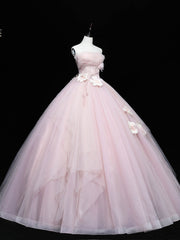 Bridesmaid Dresses Style, Pink Tulle Lace Applique Long Prom Dresses, Pink Sweet 16 Dresses